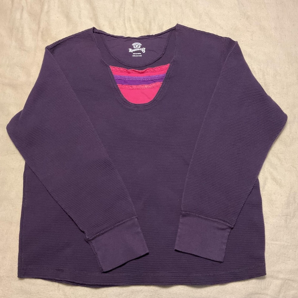 Roamans & Co Sweater Womens 2XL Purple Waffle Knit Thermal V Neck Lace Trim